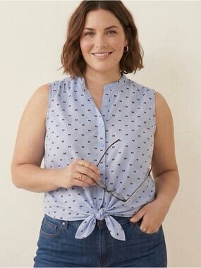GNW 100% Cotton Tie Front Textured Button Down Top 1X Plus Casual Boho Coastal